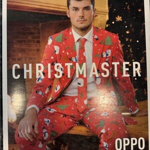 OppoSuits Red Christmas Print Men's Suit with Matching Tie